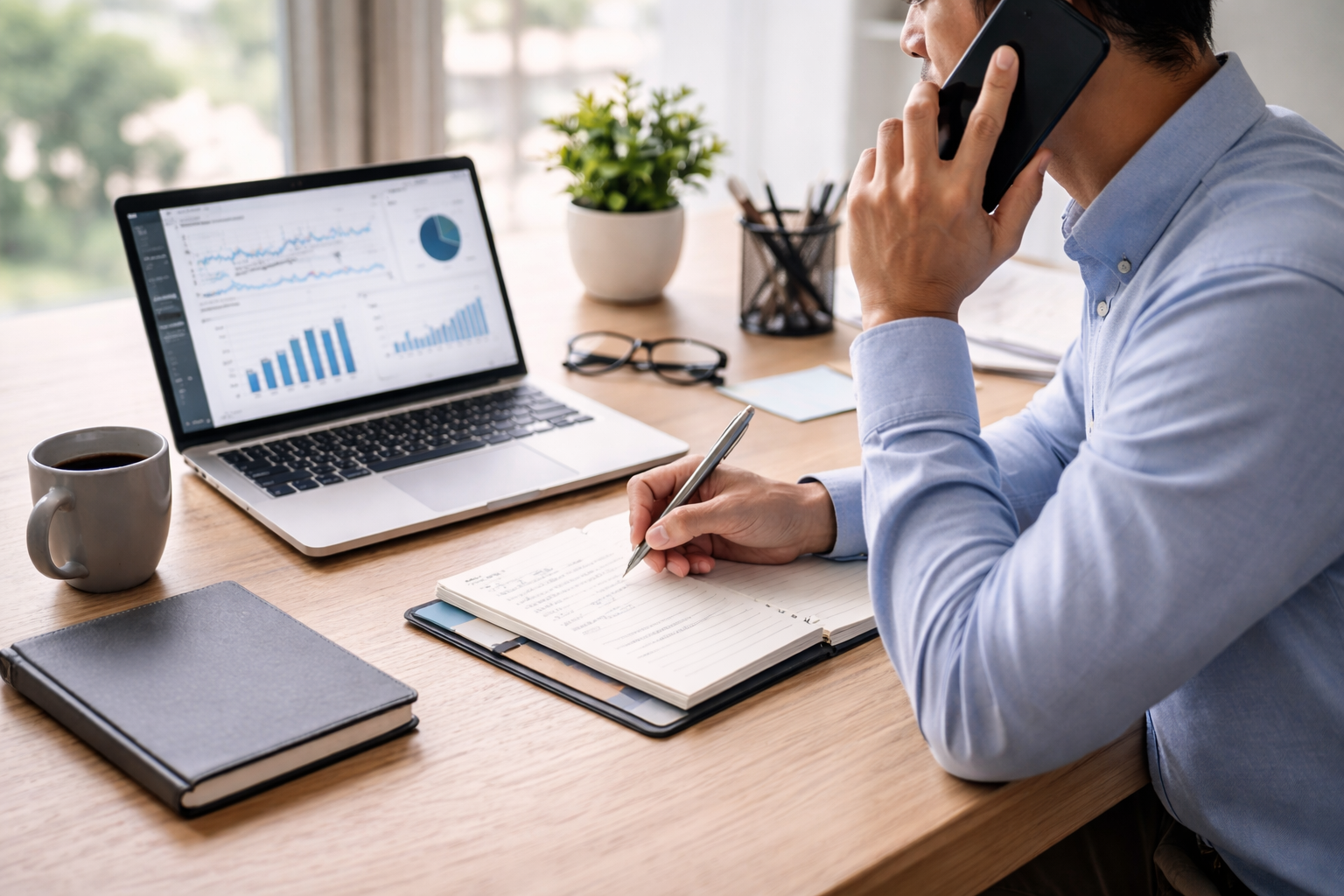 Professional preparing for a business consultation call.