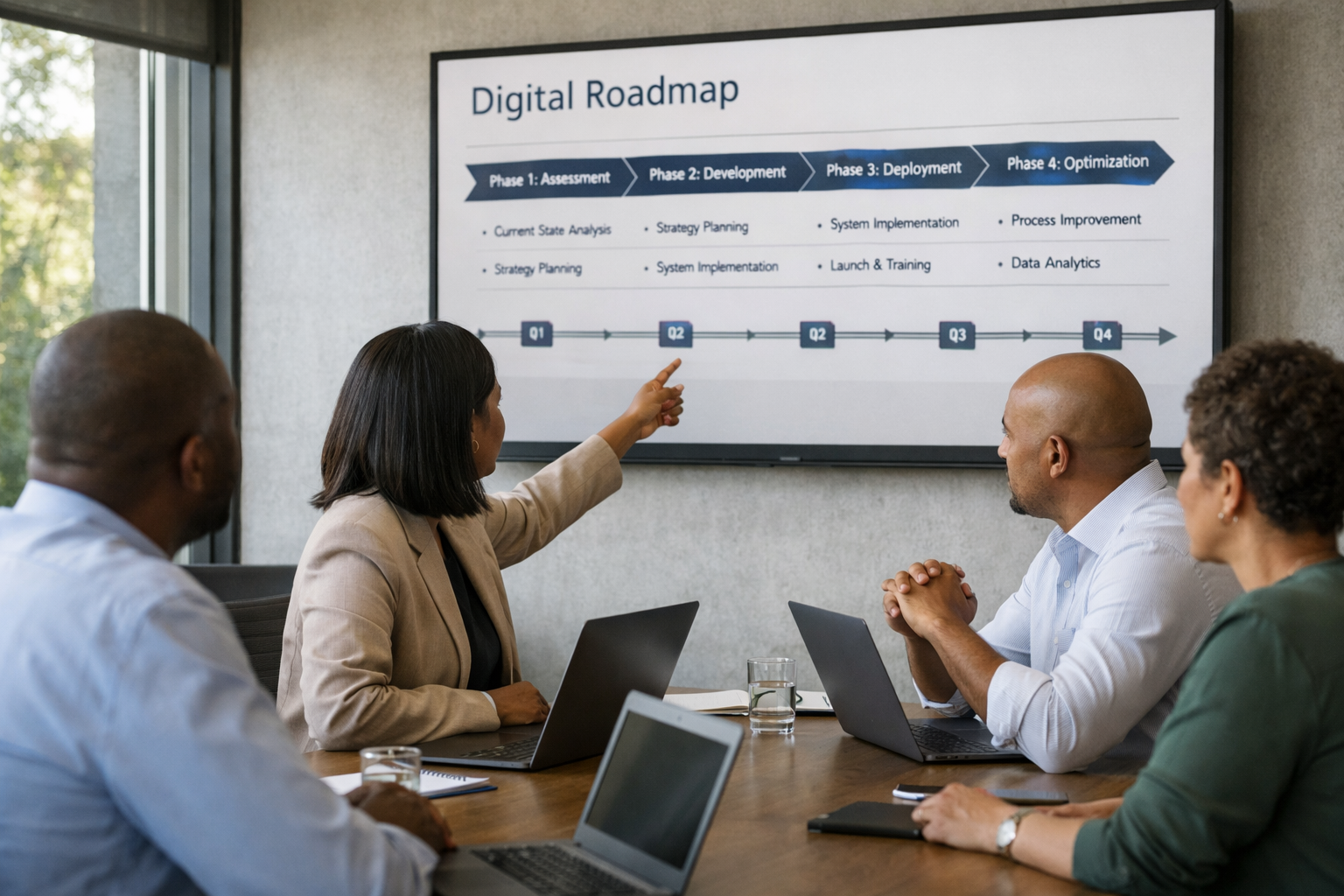 SME leadership team reviewing an IT strategy and delivery roadmap in a meeting room.