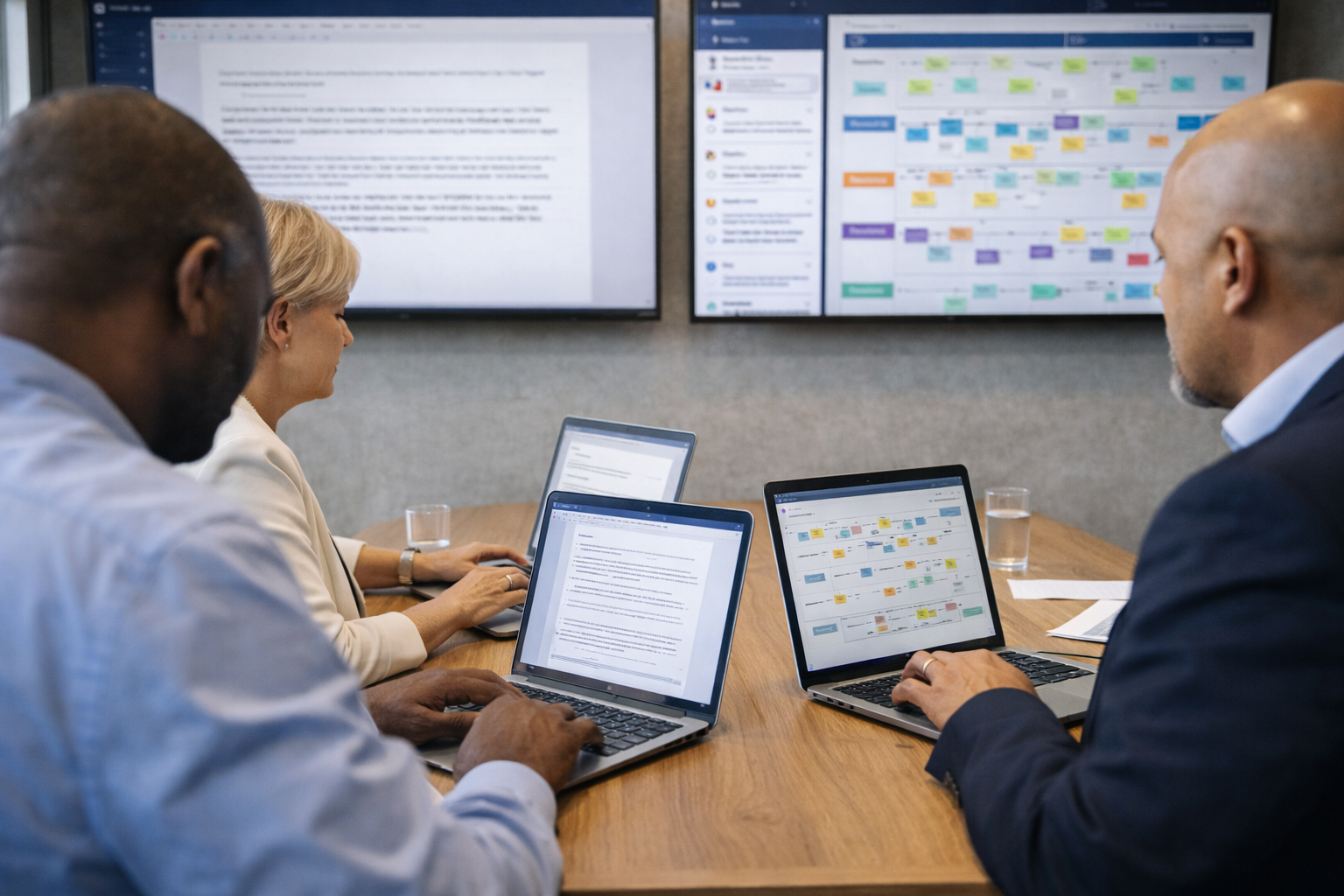 Business team collaborating with structured digital workspaces.