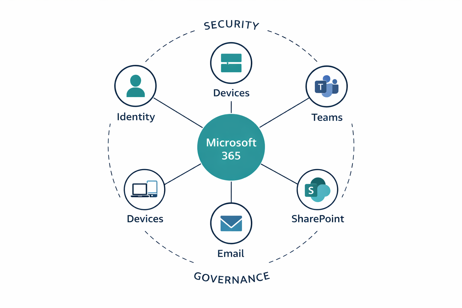 Diagram showing Microsoft 365 as a connected system across identity, devices, email, Teams, SharePoint, OneDrive, security, and governance.