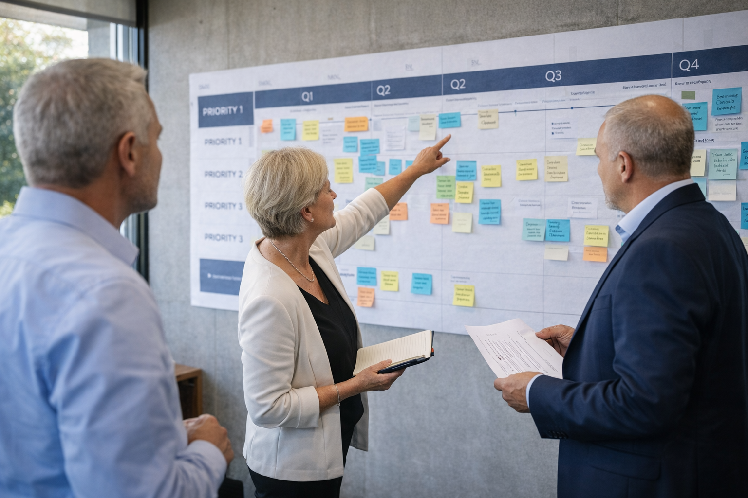Business stakeholders reviewing a technology roadmap in a workshop.