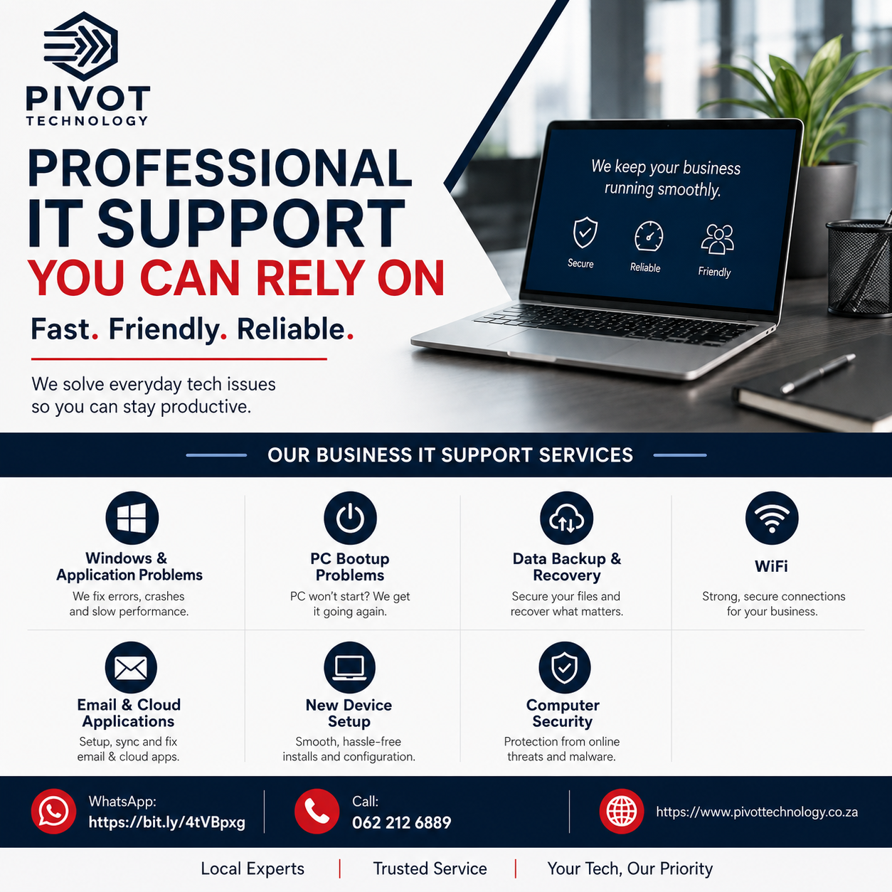 Pivot Technology professional IT support services, including Windows, applications, backups, Wi-Fi, email, cloud apps, device setup, and computer security.